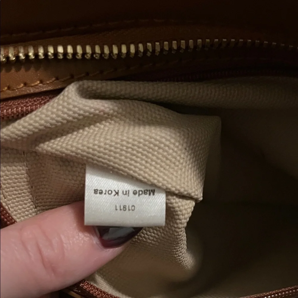 MCM Cognac Brown Visetos Small Tote with Navy and Orange Stripes